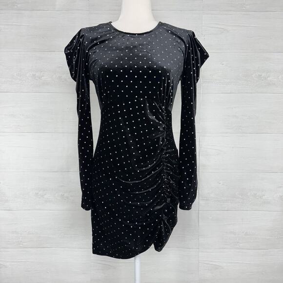 Betsey Johnson Black Velvet Dress M Power Sleeve Metallic Silver Dot Whimsigoth - Picture 15 of 16